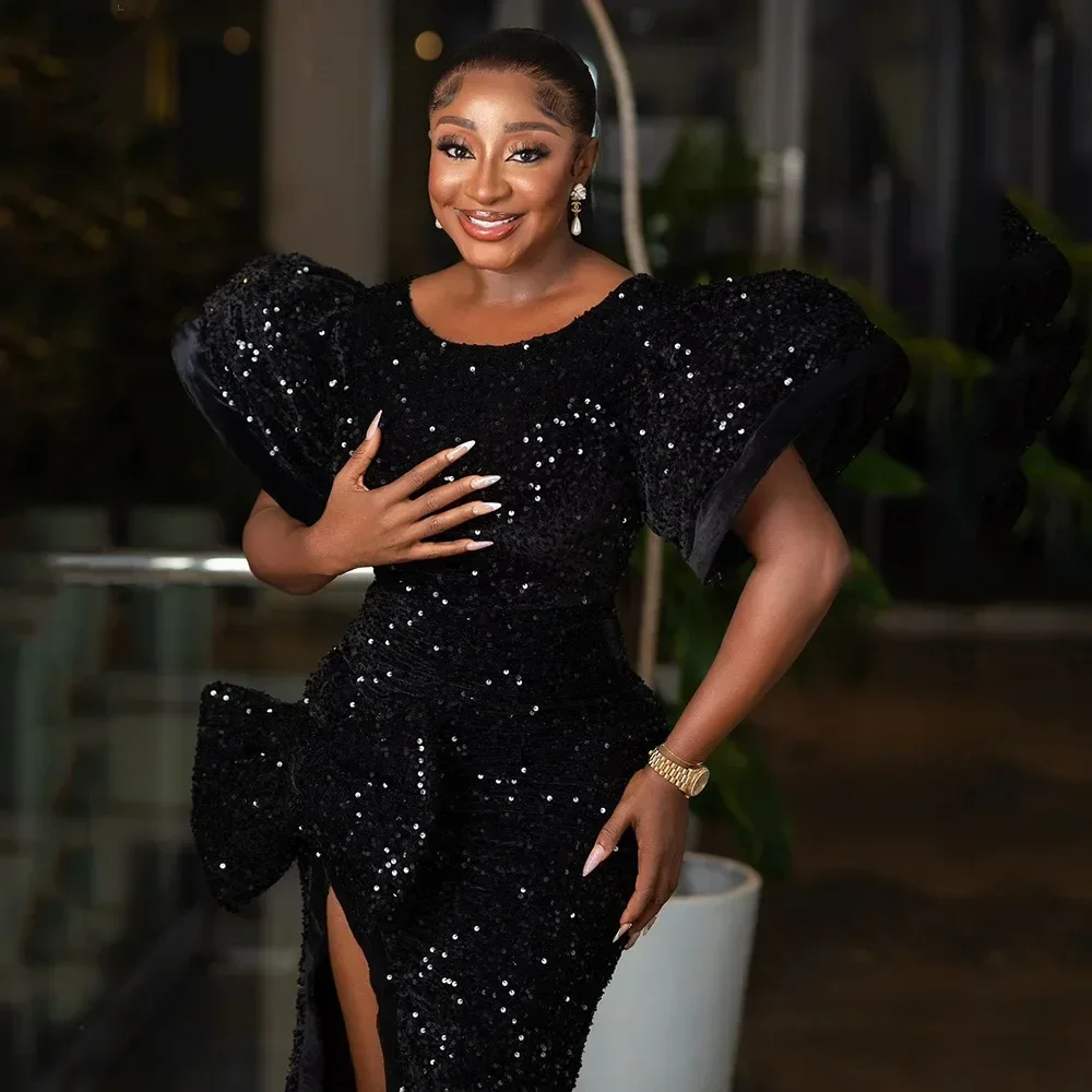 

Новое вечернее платье черного цвета с блестками и высоким разрезом с пышными рукавами макси-платья для вечеринок в африканском стиле для женщин Анкара Дашики Роскошное свадебное вечернее платье