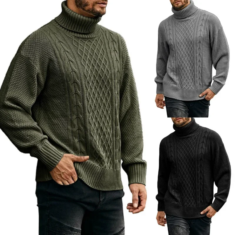 Men Pullovers Turtleneck Sweaters Thick Tops Full Sleeve Solid Casual Regular Splice Simple Top Knit Autumn Winter 2024