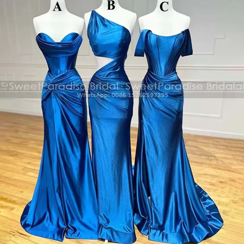 

Customized Pleat Mermaid Bridesmaid Dresses Cut-Out Waist Blue Long Sheath Wedding Guest Dress Party For Women