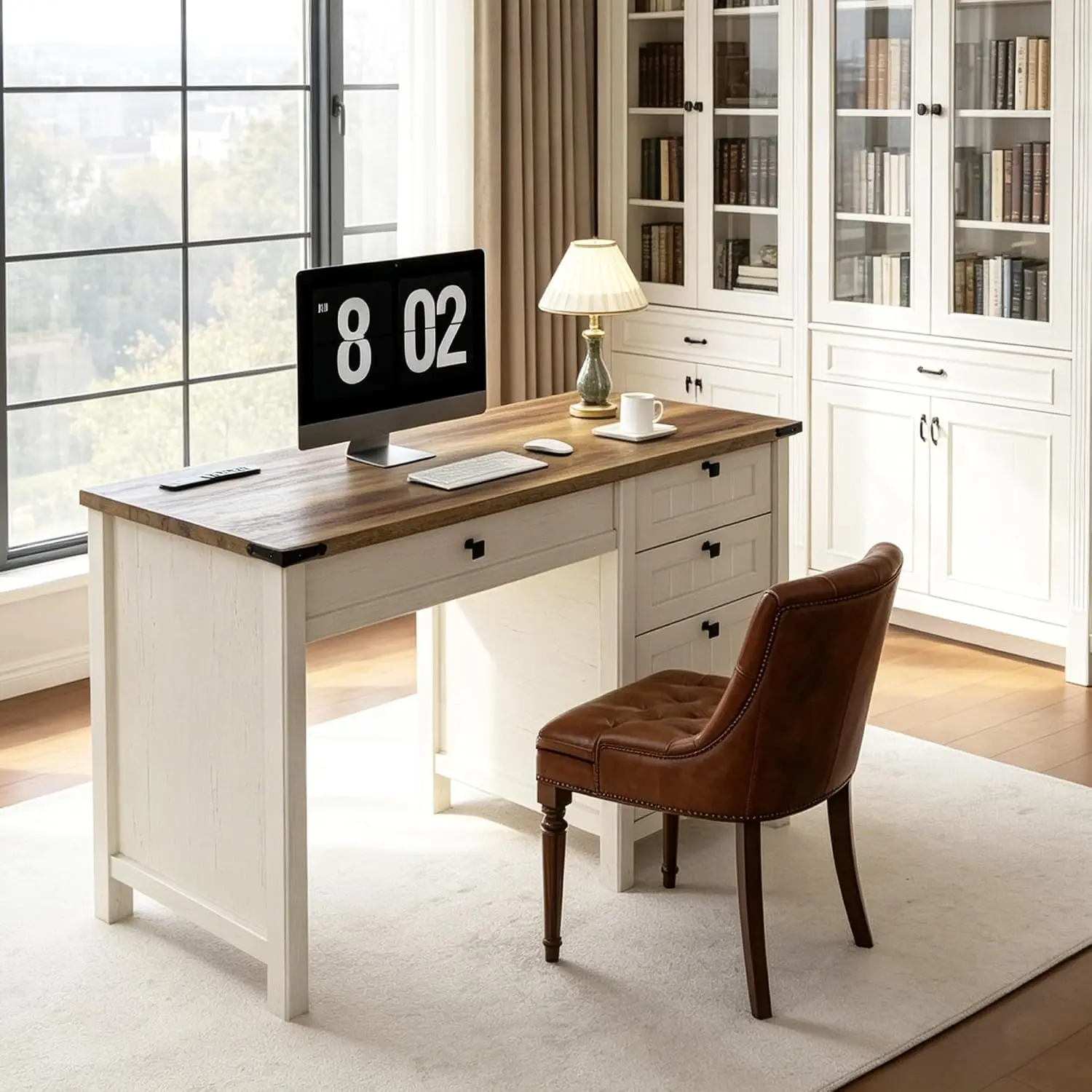 White Farmhouse Desk with Outlets & File Drawer, 45