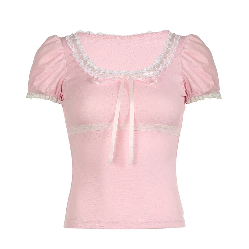 Darlingaga Korean Pink Cute Coquette Sweet Summer T-shirts Women Bow Lace Patched Slim Cropped Top Girls Cutecore Tees Clothing