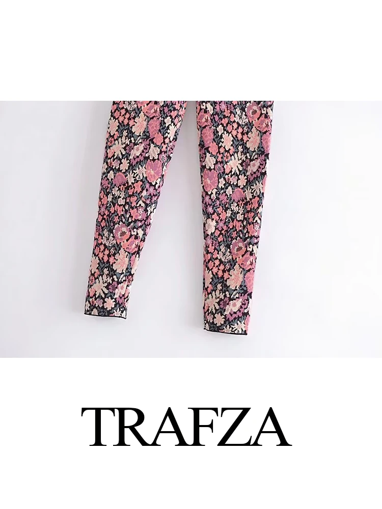 TRAFZA Women's Autumn New Fashion Versatile Floral Jacquard Knit Leggings Female Elegant Elastic Waist Slim Casual Pants Mujer