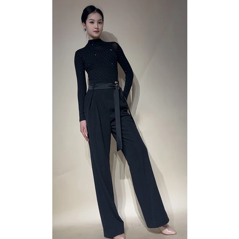 Pantalones de baile de salón con lentejuelas, pantalones de baile latino negros de cintura alta, ropa de actuación de baile de vals para mujer, pantalones de baile de Salsa L15770