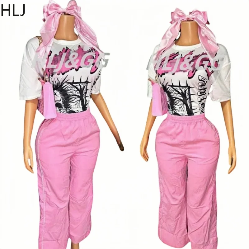 HLJ Pink Y2K Stripe Print Straight Pants Two Piece Sets Women O Neck Cotton Loose Top And Drawstring Pants Outfits Streetwear