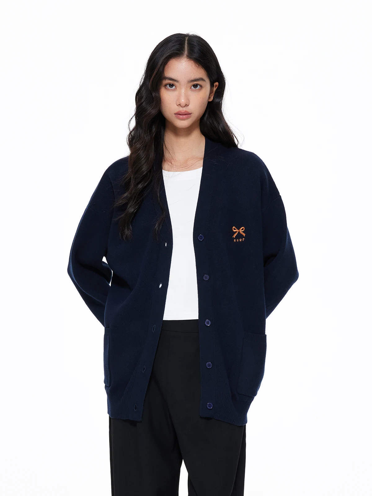 

UnderStr Casual Sle Long Knitted Cardigan Embroidered Loose Fit Cotton Top Slimming Leisure Outerwear Knot