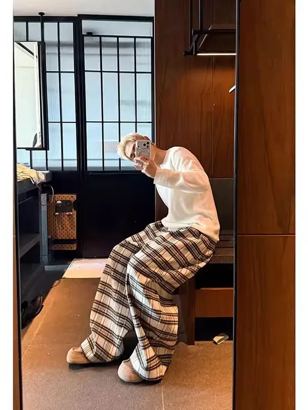 

Мужские винтажные повседневные брюки Bla White в клетку с эластичным поясом, свободные, универсальные, плиссированные, А-силуэта, широкие, в пол