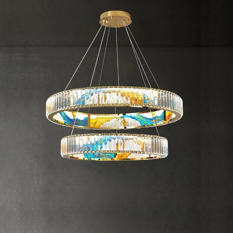 

Crystal chandelier stainless steel enamel bar counter light luxury staircase full-spectrum living room duplex villa