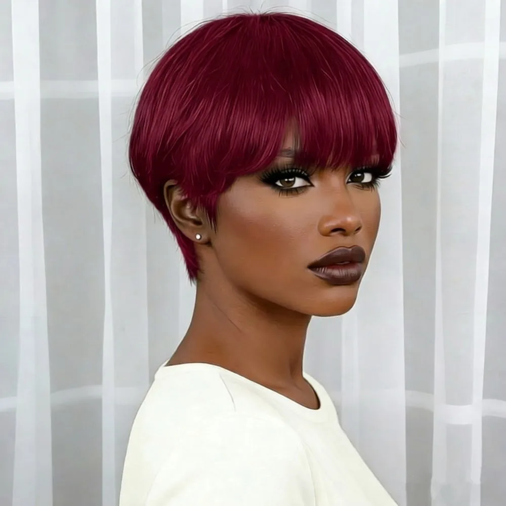 

6-дюймовый парик пикси прямого кроя цвета 99J/оранжевый блонд, машинной работы, для женщин, из натуральных волос, плотность 150%.