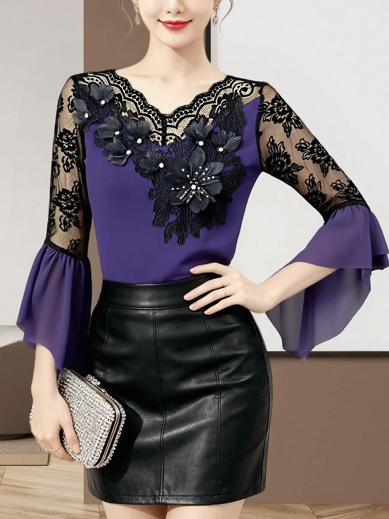 Elegant V-Neck Lace Top with Sequins And Bell Sleeves for Women Heavy Embroidery Net Shirt Long Sleeve Autumn Winter New Arrival