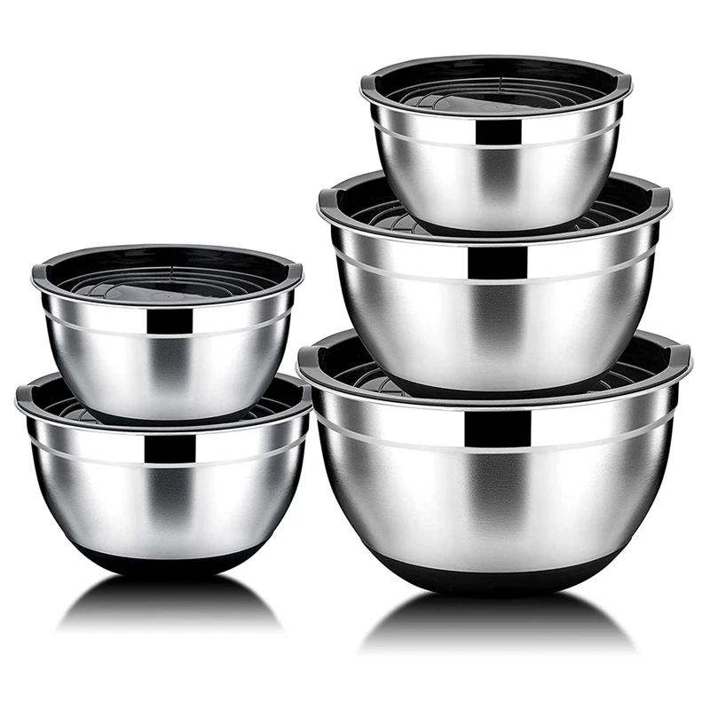 

5 Pcs Mixing Bowl,Stainless Steel Salad Bowl With Airtight Lid&Non-Slip Base,Serving Bowl For Kitchen Cooking Baking,Etc