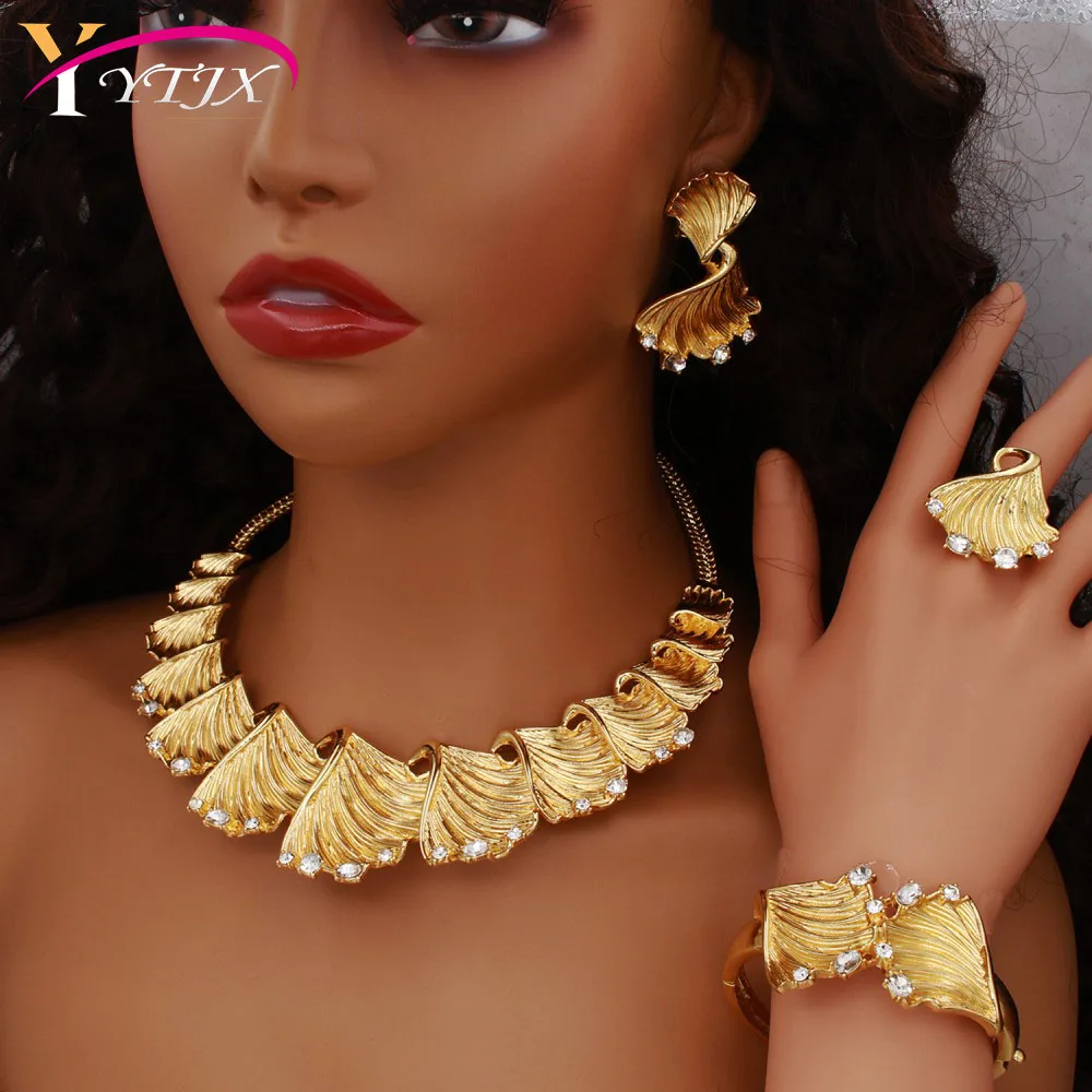 

YTJX Africal Dubai Jewelry Set Design Leafs Choker Necklace Bracelet Stud Earring Ring For Women Fashion Banquet Jewellery Gift