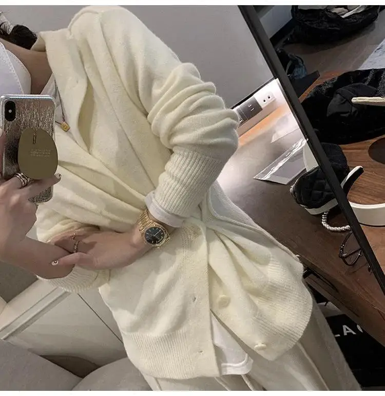 Two Piece Pant Sets Knit Women Single Breasted Sweaters Lapel Wide Leg Pants Casual Suits Split Trousers Solid Spliced Autumn