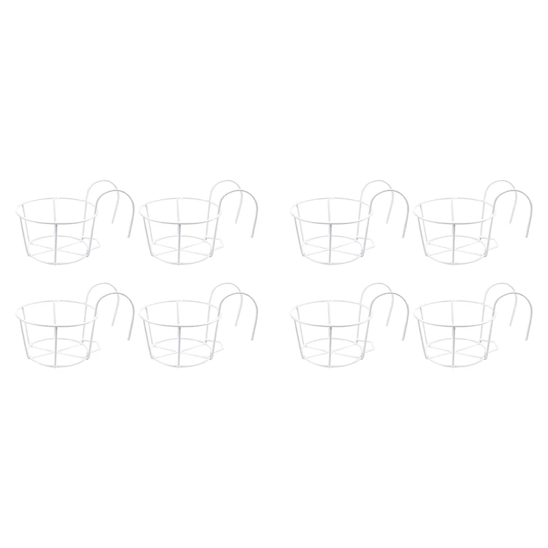 

8 Pack Round Hanging Railing Planters, Flower Pot Holders, Metal Pot Plant Basket, For Indoor And Outdoor Use (White)