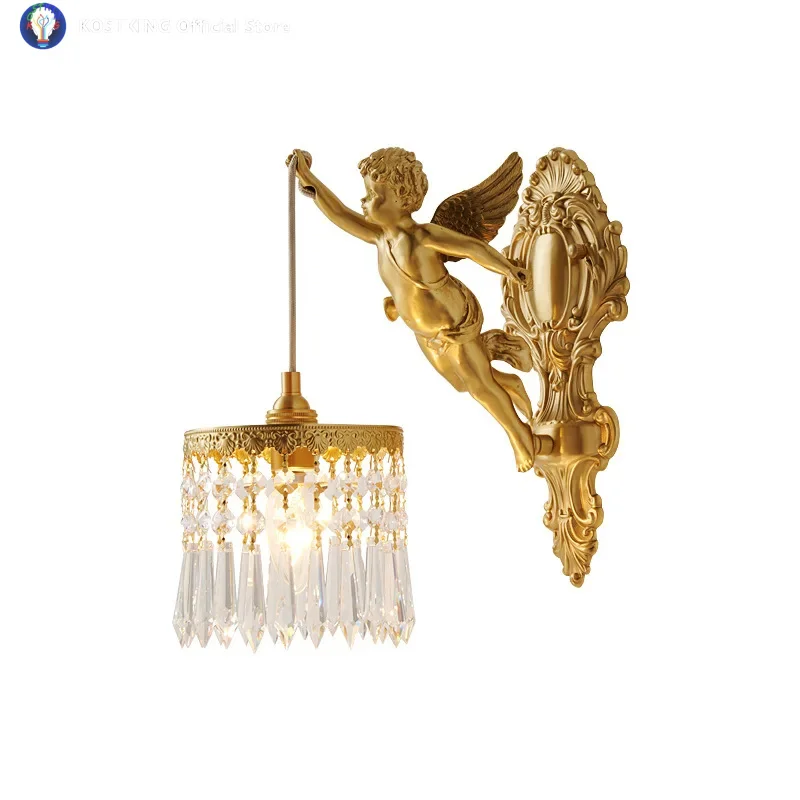 Brass Angel Wall Lamp Crystal Sconce Light Palace Corridor Entrance Porch Balcony Bedside Lighting