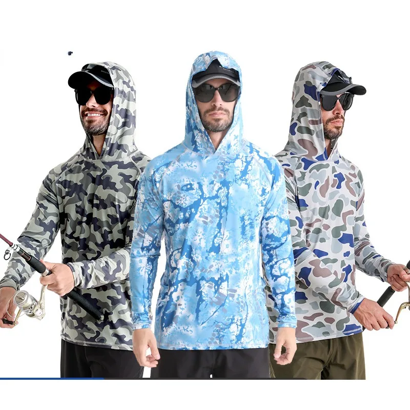 Summer Fishing Jersey UPF50+ Shirts for Men Long Sleeve Fishing Sun Protection Hooded Moisture Wicking Men's Fishing Apparel