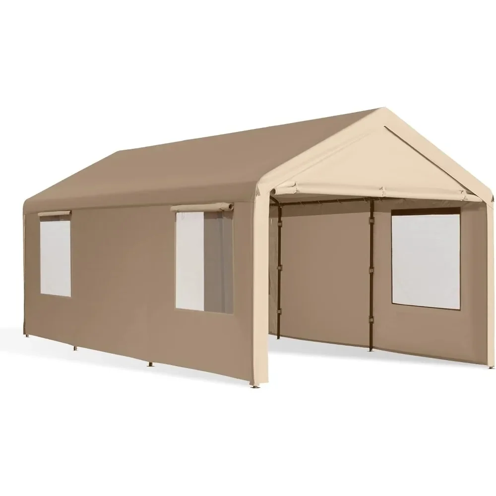 Carport Garage Beige Car Canopy With All-Season Tarps 10'x20' Heavy Duty Carport With Roller Shutter Ventilation Windows Trucks