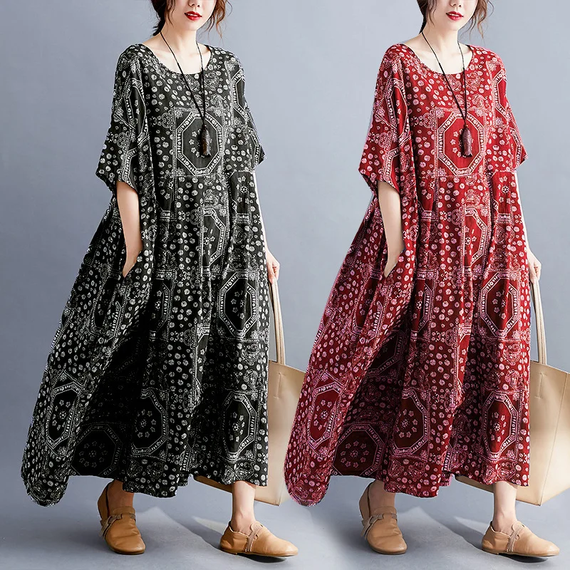 Summer New Arrivals Casual Printed Dress Plus Size Women‘s Short Sleeves Long Dress