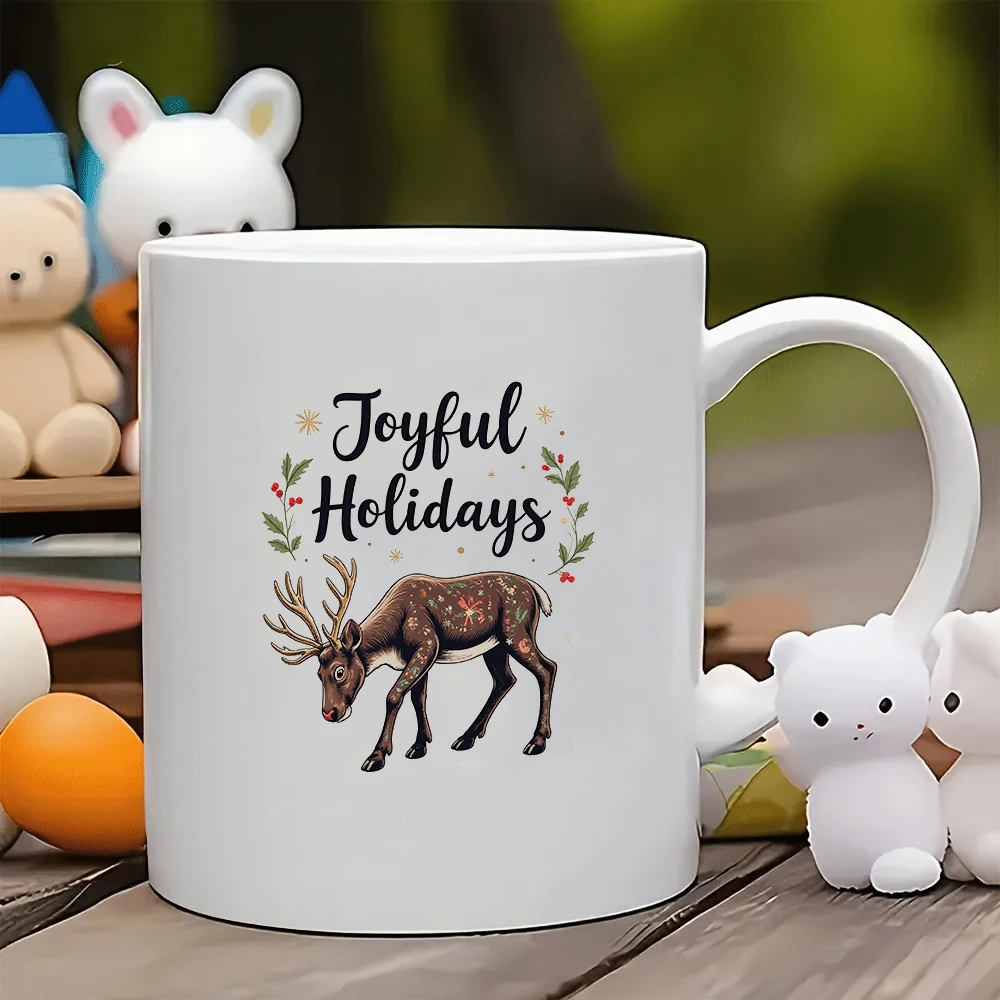 Taza de 11oz, pegatinas de felicitación festivas, diseño de reno pintado a mano, detalles de estrellas, regalo de Navidad, taza para niños, oficina familiar, café Comp