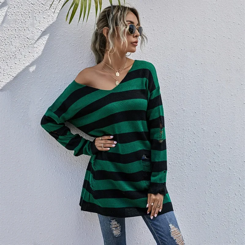 

Women Green and Blue Striped Sweater Women V-Neck Green Stripped Sweater New Oversized Knit Long Jumpers Female Pullovers Tops