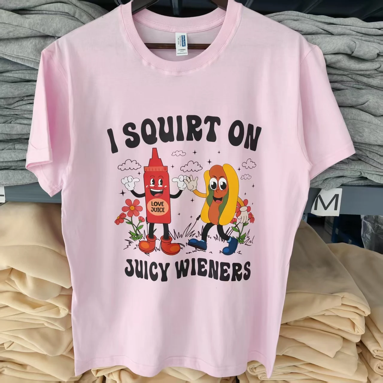 Funny I Squirt On Juicy Wieners T-Shirt Ketchup Hot Dog Cartoon Graphic Tee Casual Cotton Top for Men Women Novelty Streetwear