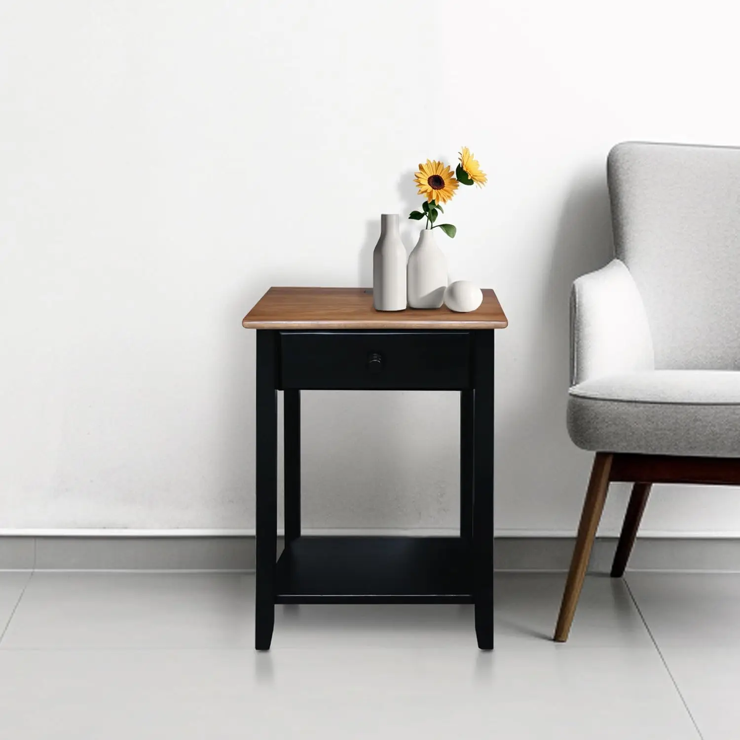 

Owl White Night Stand with USB Port, 17.5 in x 14.25 in x 24.5 in (W x L x H), Walnut Black