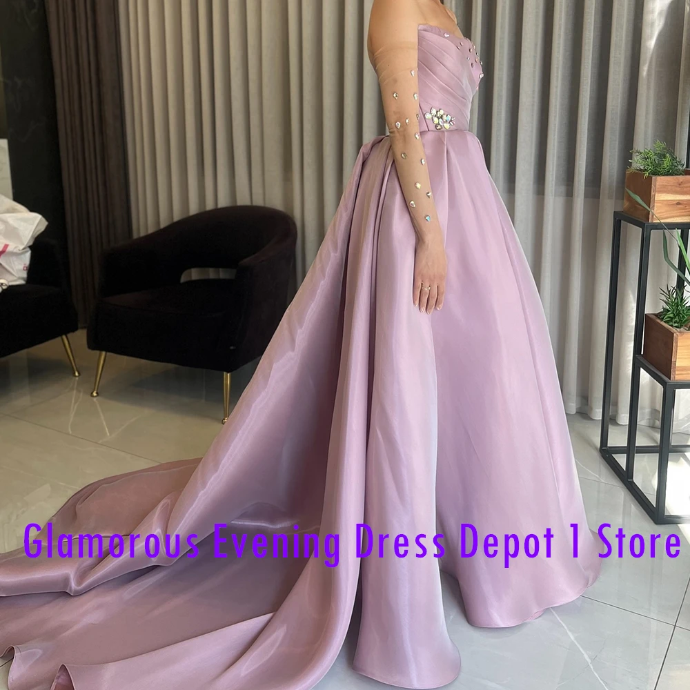 Graceful Crystal Detachable Sleeve Satin Evening Dresses Fashion A-Line Floor Length Strapless Long Sleeves Vestidos Para Mujer