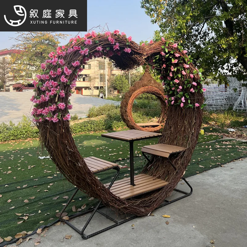 Outdoor furniture, bird's nest, hanging basket, residential accommodation, hotel chairs.