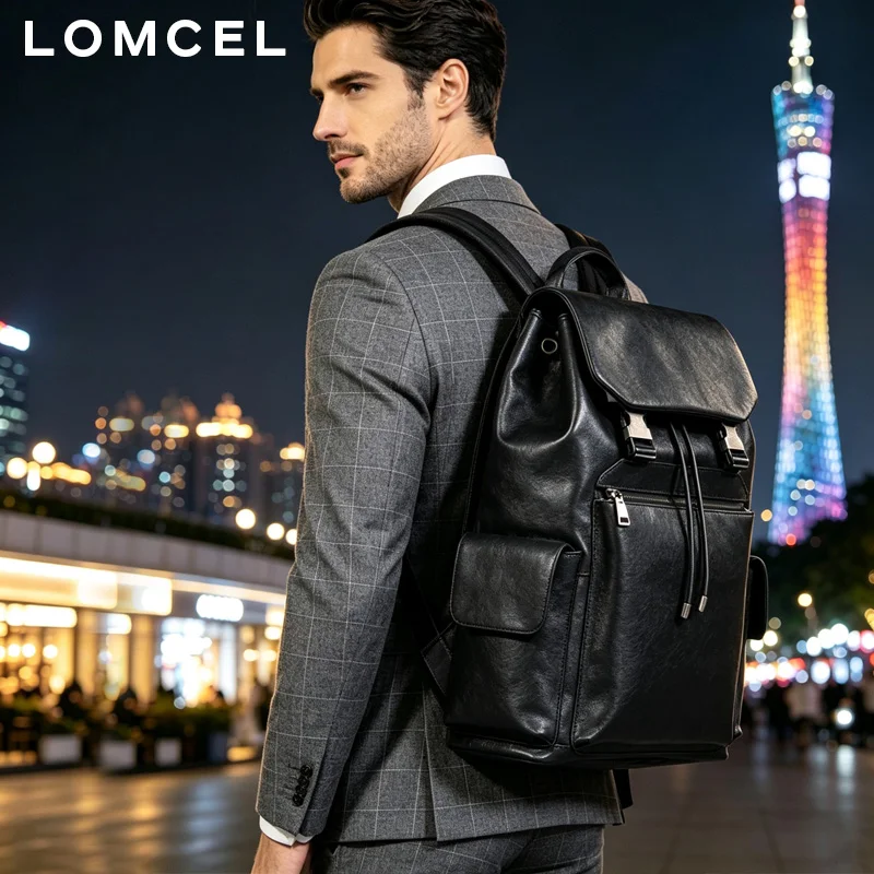 LOMCEL 4 Leather men's business casual shoulder bag stylish drawstring, 16-inch computer backpack, business large capacity