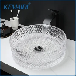 KEMAIDI Tempered Glass Vessel Sink Bathroom Round Vanity Wash Sink Above Counter Deck Mounted Basin Sink with Faucet Mixer