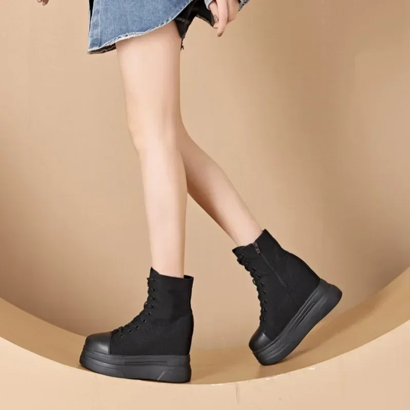 14CM Neue Denim Leinwand Frauen Herbst Frühling Versteckte Hohe Synthetische ZIP Ankle Booties Wohnungen Plattform Keil Stiefeletten Mode schuhe