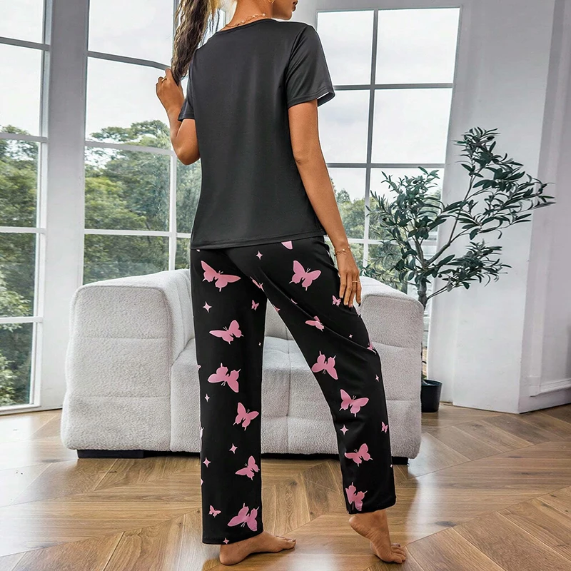 Women\'s Pajama Sets Summer Short Sleeve Pyjamas Butterfly Print Home Clothes Sleepwear Soft and Comfortable Loungewear Nightwear