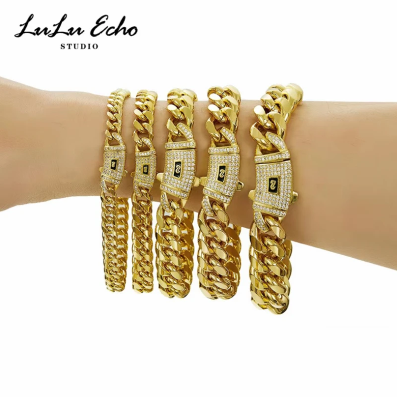 

Men's Cuban link bracelet 18K gold plated stainless steel thick bracelet hip hop jewelry 6/8/10/12/14mm