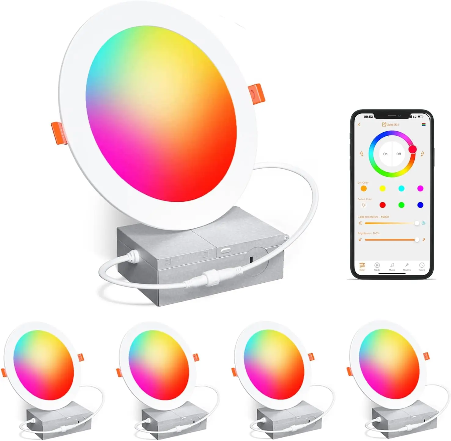 

6-дюймовые умные встраиваемые светодиодные светильники RGBCW, 16 Вт, 1350 люмен, совместимость с Alexa, синхронизация с музыкой, таймер, комплект из 4 штук