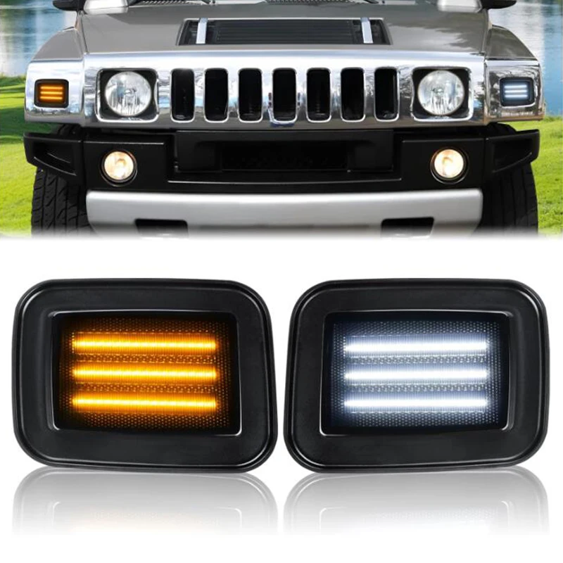 

LED Front Turn Signal Corner Side Marker Lights for Hummer H2 2003-2009 Switchback Sequential Amber Turn Signal Lamps&White DRL