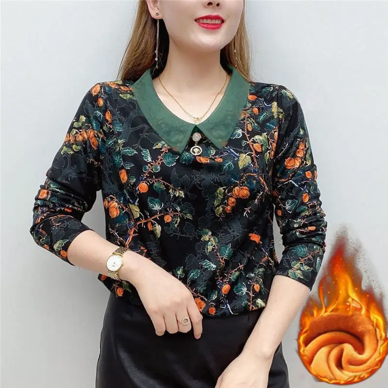 Women's Pullover Doll Neck Gauze Printing Autumn and Winter Slim Long Sleeve Three-dimensional Decorati Fashion T-shirt Tops