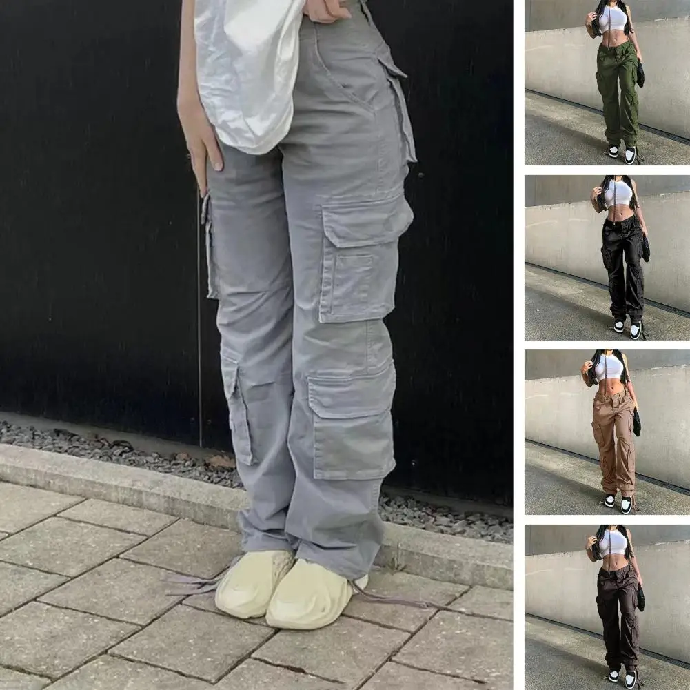 

Button Zipper Closure Pants Vintage High Waist Ladies Cargo Pants with Elastic Waist Multi Pockets Soft Loose Straight for Women