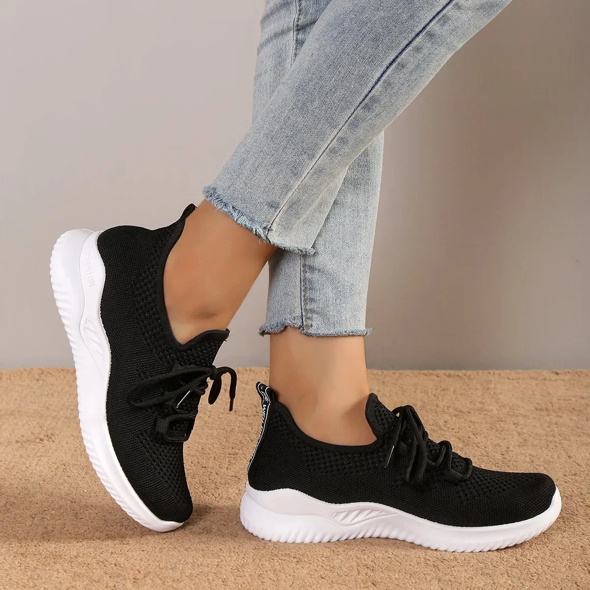 Women Sneakers Fashion Lace Up Mesh Breathable Outdoor Walking Small White Shoes Round Toe Non-slip Thick Sole Tennis Shoe Mujer