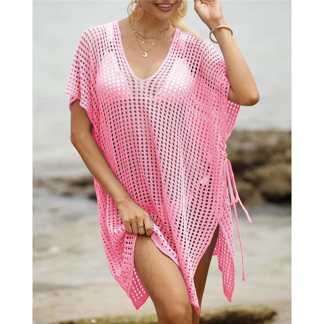 Kurzarm-Tunika mit V-Ausschnitt und Aushöhlungen, gehäkelt, Strickkleid, Strandkleid, Strandmode, Strandbekleidung, Strand-Cover-up, Damen, V8061 – Detail 18