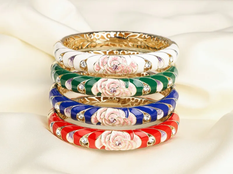 

SHINNYGIFTS Cloisonne Bracelet Peony Gold Hinge Bangle Copper Jewelry Flower Bracelets for Women Gift Box