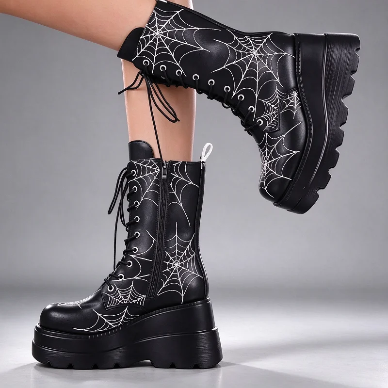 Women New Autumn Winter Gothic Wedge Chunky Platform Spider Web Pattern Ankle Boots, European Style Fashion Short Boots