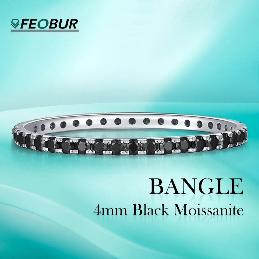 

4mm Full Black Moissanite Bangle Luxury Round Cut Diamond Hiphop 925 Sterling Silver Plated Withe Gold Bracelet for Women Men