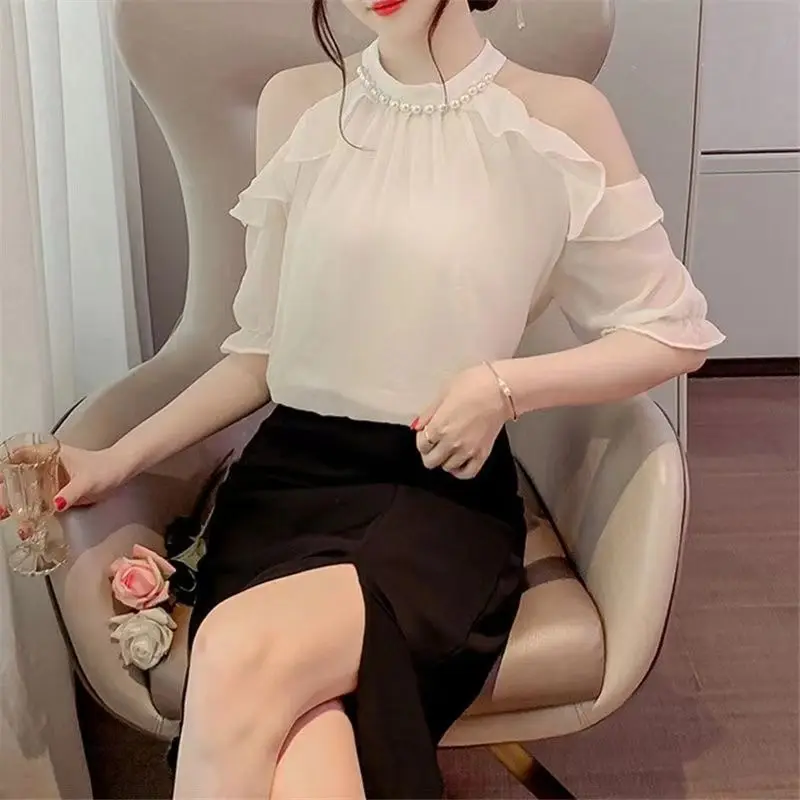 Women's Summer Fashion Elegant Solid Color Simplicity Off Shoulder Short Sleeve Shirts Women Clothes Casual Temperament Tops