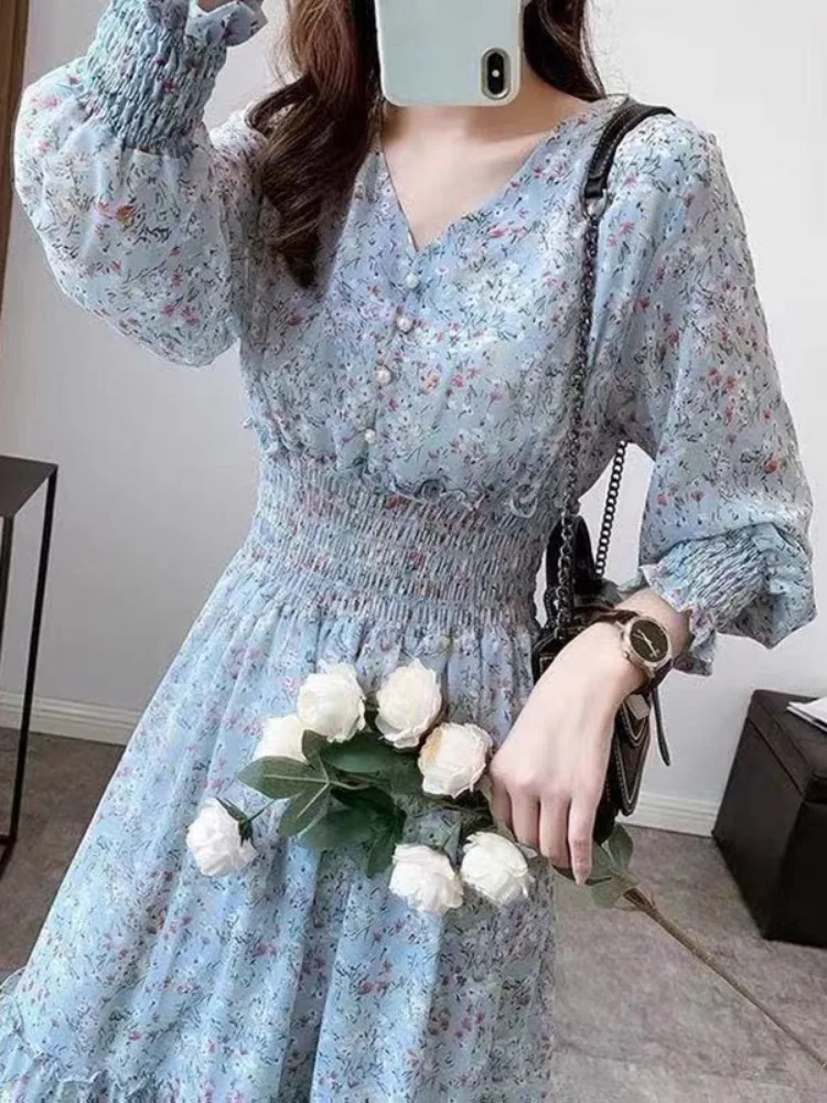 2024 Vestidos De Mujer Summer Sweet Floral Dresses for Women V-neck Flare Sleeve Robe Femme Vintage Slim Waist Temperament Dress