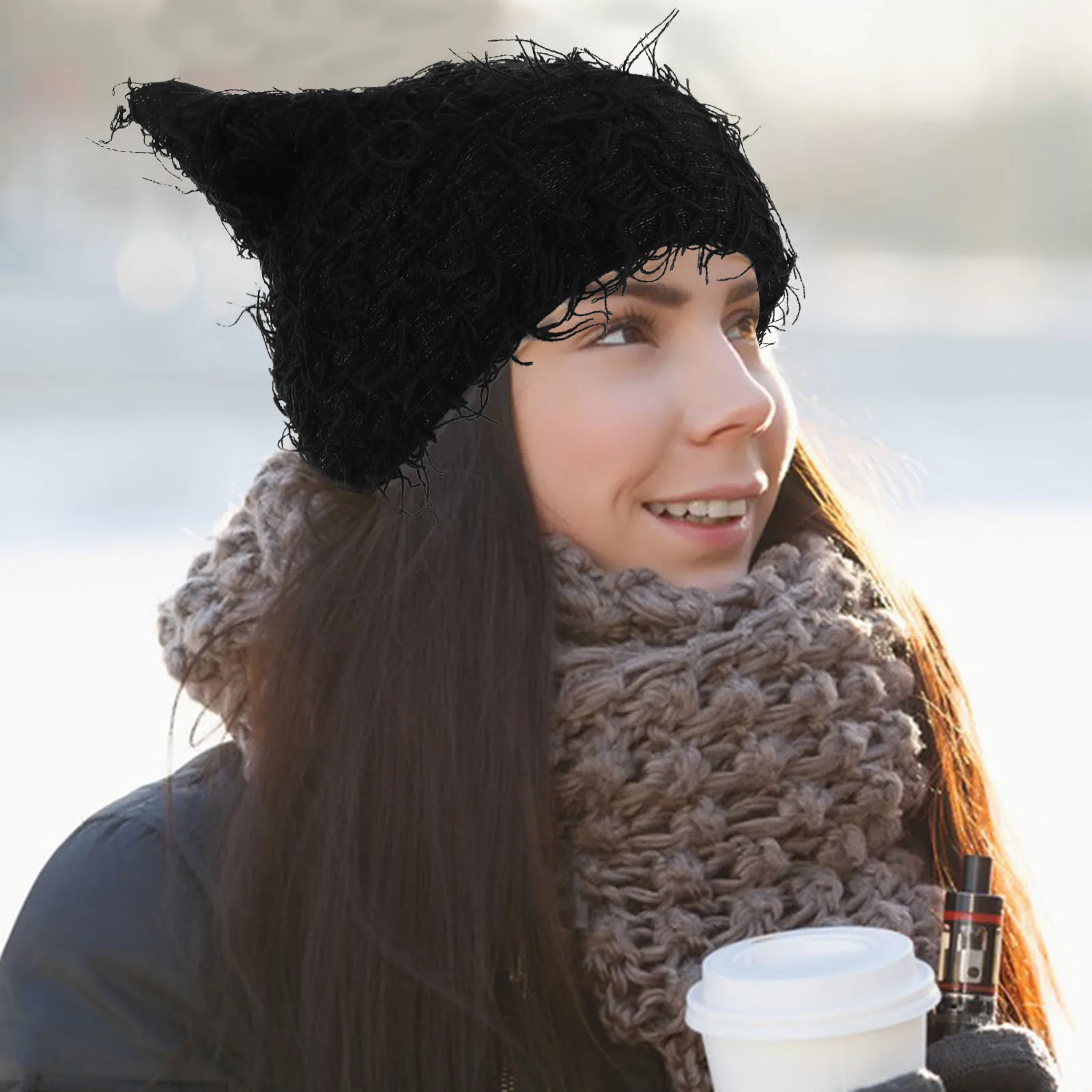 

Black Cat Ear Beanie for Women Men Thick Warm Knit Hat Windproof Winter Outdoor Cap Cute Kawaii Style Beanie