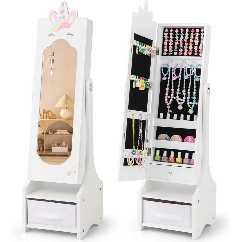 

Kids Jewelry Cabinet - 45.5" Standing Armoire with Full Length Mirror, Kids Jewelry Organizer with Storage Drawers, Van