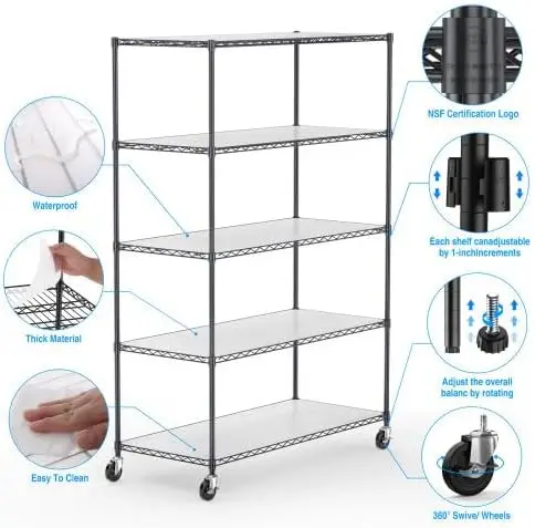 

5 Tier 6000lbs Heavy Duty Adjustable Storage Rack Metal Shelf Wire Shelving Unit with Wheels & Shelf Liners