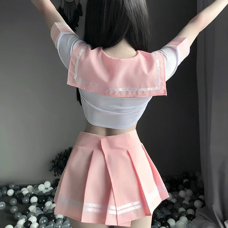 Sweet Japanese Pink Cosplay Costumes with Miniskirt Sexy Lingerie Schoolgirl Cosplay School Uniforms Women Tie Student Uniform