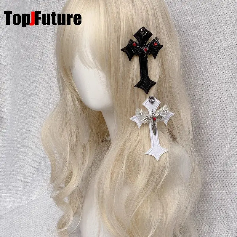 Gothic Harajuku Y2K girl Dark gothic punk subculture large cross bow black white Lolita edge clip headband hairgrips Hair clip