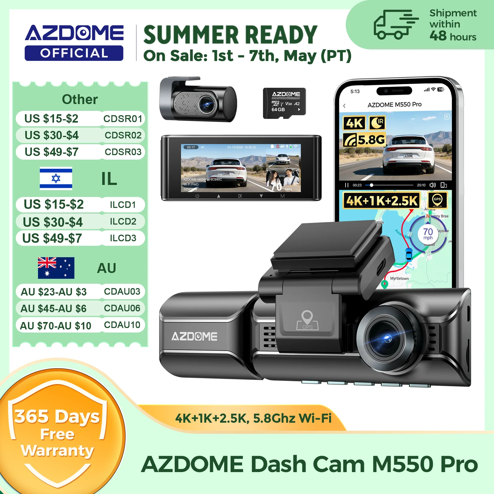 업그레이드 AZDOME M550 프로 대시캠 4K 전방 대시캠 자동차 5.8GHz 와이파이 GPS G-센서 차량용 DVR 6 ...