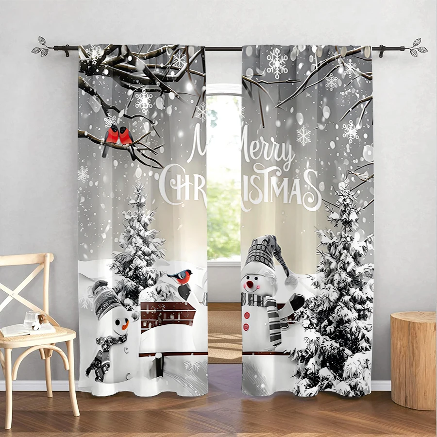 2PCS Christmas Snowman Print Curtains, Grey Winter Snow Red Bird Pine Tree Window Drapes for Xmas Holiday Bedroom Living Room